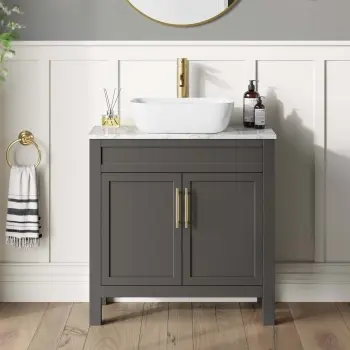 Bermuda Graphite Grey Vanity with Marble Top & Curved Counter Top Basin 800mm - Brass Knurled Handles