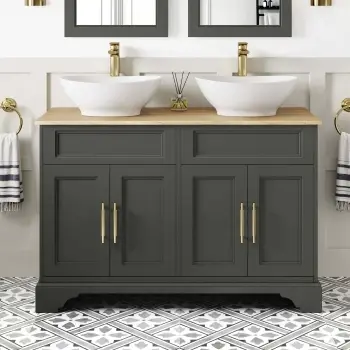 Lucia Graphite Grey Double Vanity with Oak Effect Top & Oval Counter Top Basin 1200mm - Brass Knurled Handles
