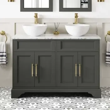 Lucia Graphite Grey Double Vanity with Marble Top & Round Counter Top Basin 1200mm - Brass Knurled Handles