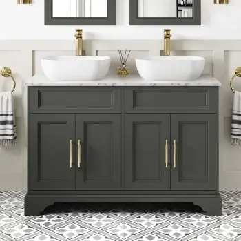Lucia Graphite Grey Double Vanity with Marble Top & Curved Counter Top Basin 1200mm - Brass Knurled Handles