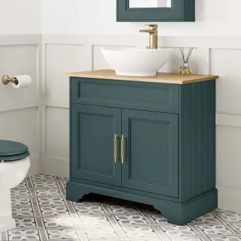 Lucia Midnight Green Vanity with Oak Effect Top & Oval Counter Top Basin 840mm - Brass Knurled Handles