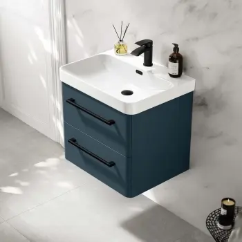 Omaha Navy Blue Wall Hung Basin Drawer Vanity 600mm - Black Accents