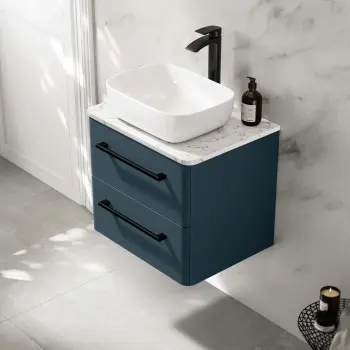 Omaha Navy Blue Wall Hung Drawer Vanity with Marble Top & Curved Counter Top Basin 600mm - Black Accents