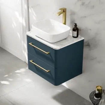 Omaha Navy Blue Wall Hung Drawer Vanity with Marble Top & Curved Counter Top Basin 600mm - Brushed Brass Accents