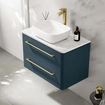 Omaha Navy Blue Wall Hung Drawer Vanity with Marble Top & Curved Counter Top Basin 800mm - Brushed Brass Accents