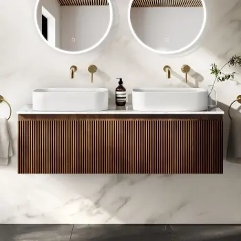 Malta Fluted Black Walnut Double Wall Hung Drawer Vanity with Marble Top & Marin Basin 1200mm