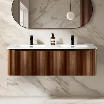 Sorrento Fluted Black Walnut Wall Hung Double Basin Drawer Vanity 1200mm