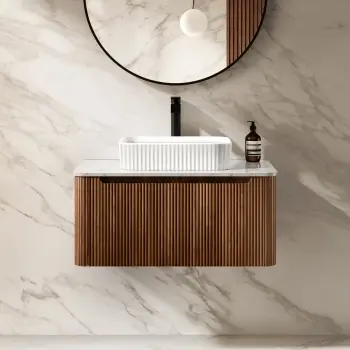 Sorrento Fluted Black Walnut Wall Hung Drawer Vanity with Marble Top & Reno Basin 800mm