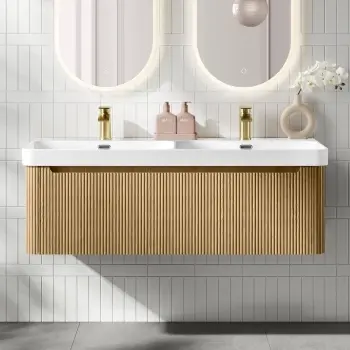 Sorrento Fluted Country Oak Wall Hung Double Basin Drawer Vanity 1200mm