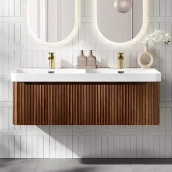 Sorrento Fluted Black Walnut Wall Hung Double Basin Drawer Vanity 1200mm