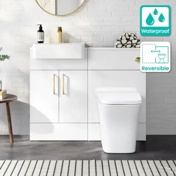 100% Waterproof - Harper Gloss White PVC Combination Vanity Basin & Houston Toilet 1000mm - Brushed Brass Accents