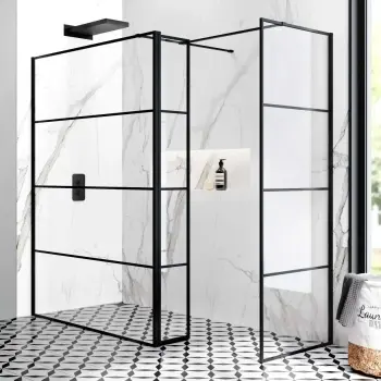 Munich Matt Black Grid 8mm Walk In Shower Enclosure 1400mm & 700mm Glass with Pivotal Return Panel
