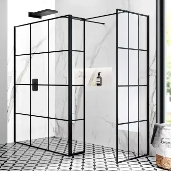 Munich Matt Black Grid 8mm Walk In Shower Enclosure 1400mm & 800mm Glass with Pivotal Return Panel