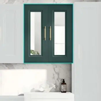 Midnight Green Wall Hung Mirror Cabinet 700x600mm - Brass Knurled Handles