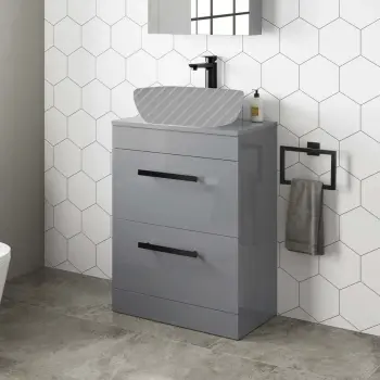 Avon Stone Grey Counter Top Drawer Vanity 600mm - Black Accents