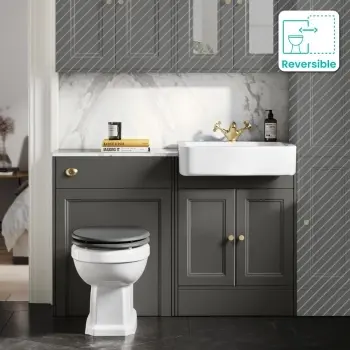Monaco Graphite Grey Combination Vanity Basin with Marble Top & Hudson Toilet with Wooden Seat 1200mm - Brushed Brass Accents