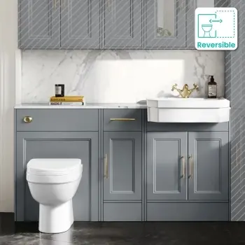 Monaco Dove Grey Combination Vanity Traditional Basin with Marble Top and Seattle Toilet 1500mm - Brass Knurled Handles