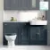 Monaco Inky Blue Combination Vanity Basin with Marble Top and Hudson Toilet with Wooden Seat 1500mm - Brushed Brass Accents