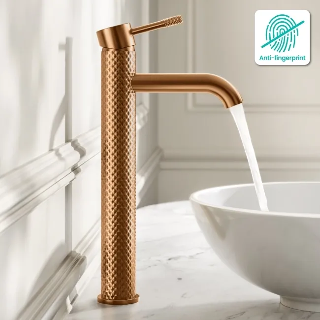 Suir Brushed Copper High Rise Basin Mixer Tap with Knurled Detailing