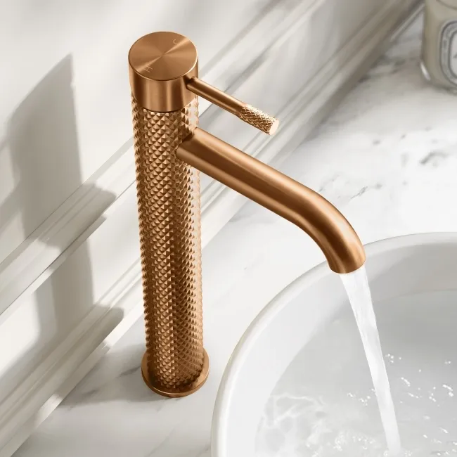 Suir Brushed Copper High Rise Basin Mixer Tap with Knurled Detailing