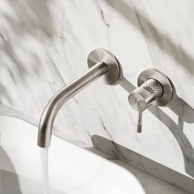 Suir Brushed Nickel Wall Mounted Basin Mixer Tap with Knurled Detailing