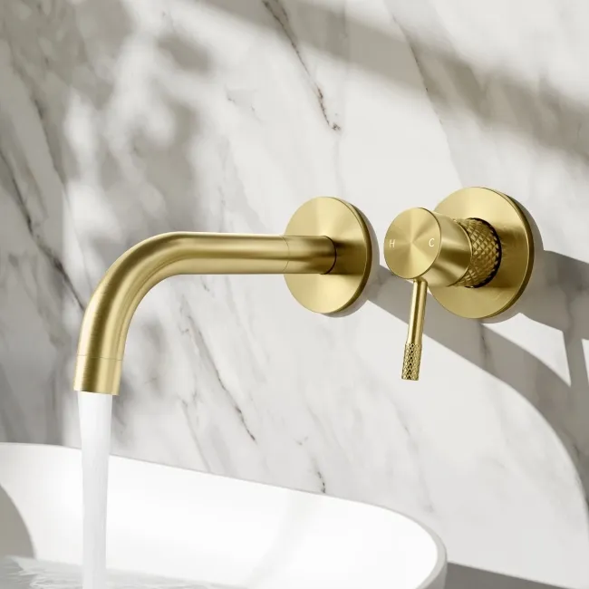 Suir Brushed Brass Wall Mounted Basin Mixer Tap with Knurled Detailing