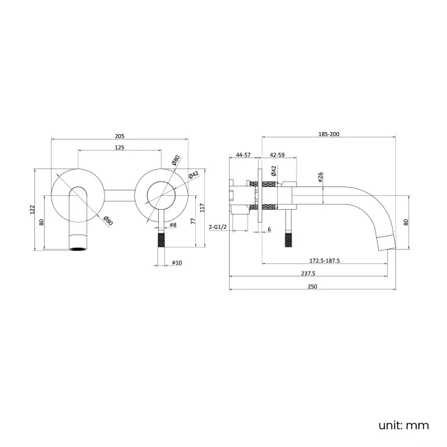 Suir Brushed Brass Wall Mounted Basin Mixer Tap with Knurled Detailing
