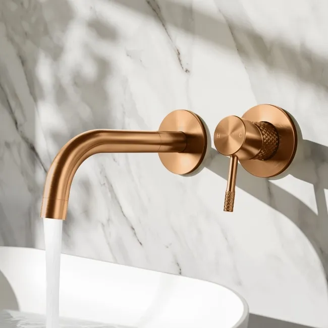 Suir Brushed Copper Wall Mounted Basin Mixer Tap with Knurled Detailing