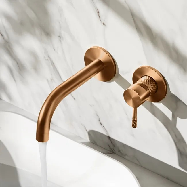 Suir Brushed Copper Wall Mounted Basin Mixer Tap with Knurled Detailing