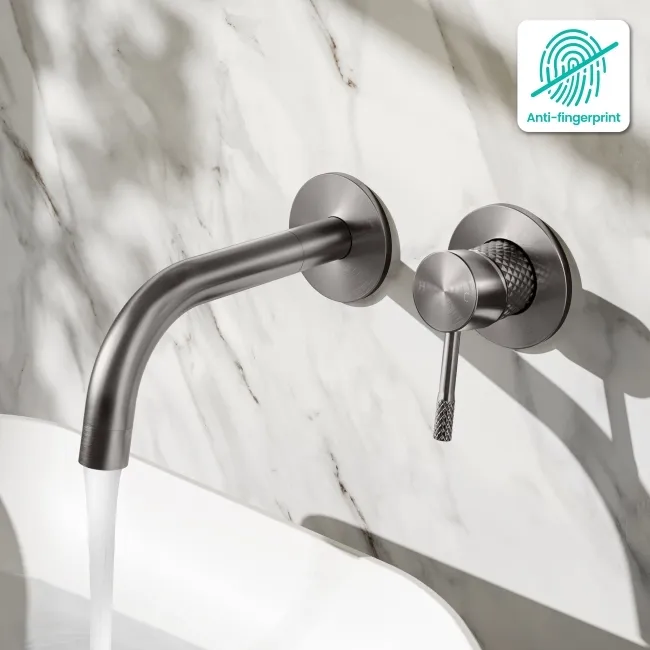 Suir Brushed Gunmetal Wall Mounted Basin Mixer Tap with Knurled Detailing