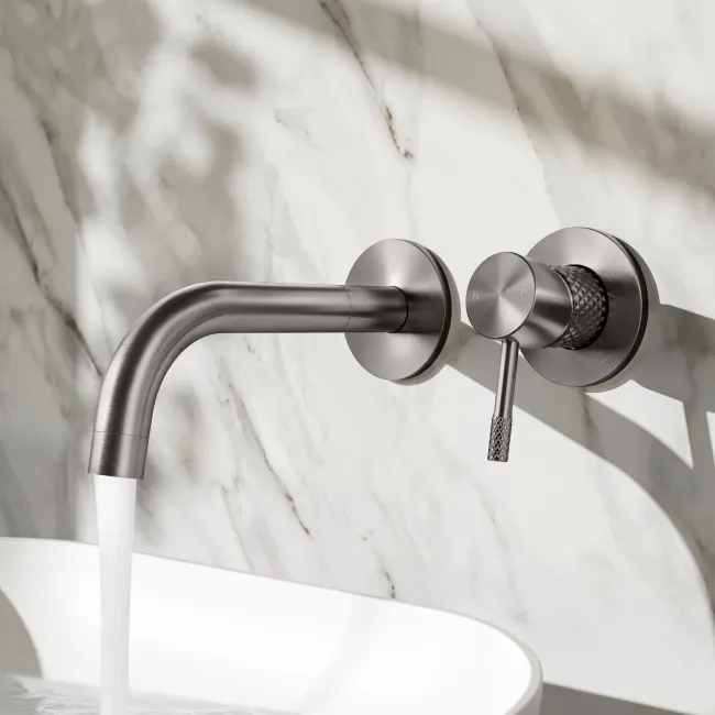 Suir Brushed Gunmetal Wall Mounted Basin Mixer Tap with Knurled Detailing