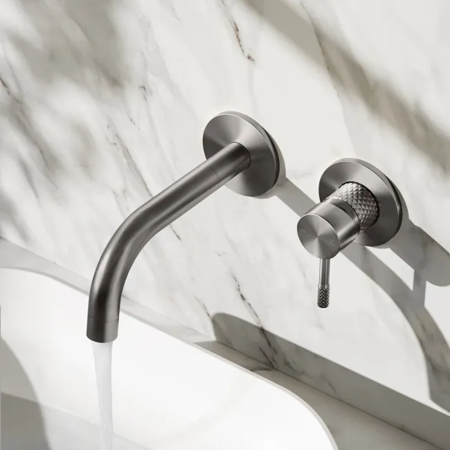 Suir Brushed Gunmetal Wall Mounted Basin Mixer Tap with Knurled Detailing