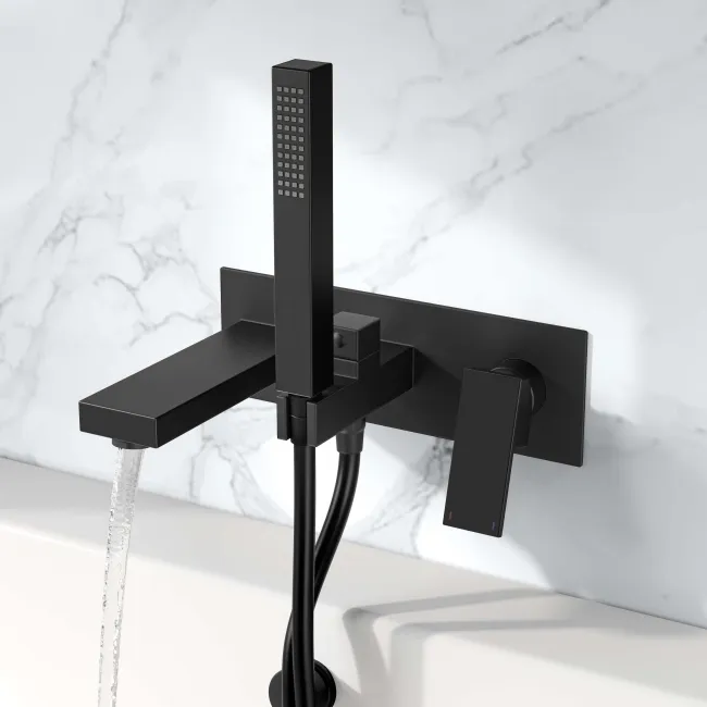 Tamar Matt Black Wall Mounted Bath Mixer Tap & Handheld Shower