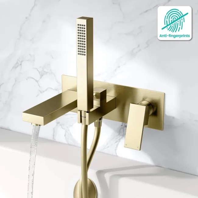 Tamar Brushed Brass Wall Mounted Bath Mixer Tap & Handheld Shower