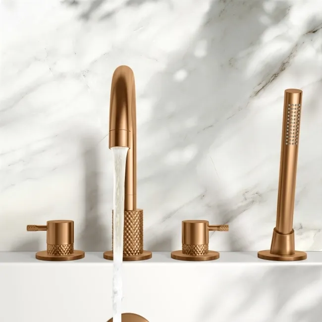 Suir Brushed Copper Bath Mixer Tap & Handheld Shower with Knurled Detailing