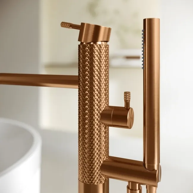 Suir Brushed Copper Freestanding Bath Shower Mixer Tap with Knurled Detailing