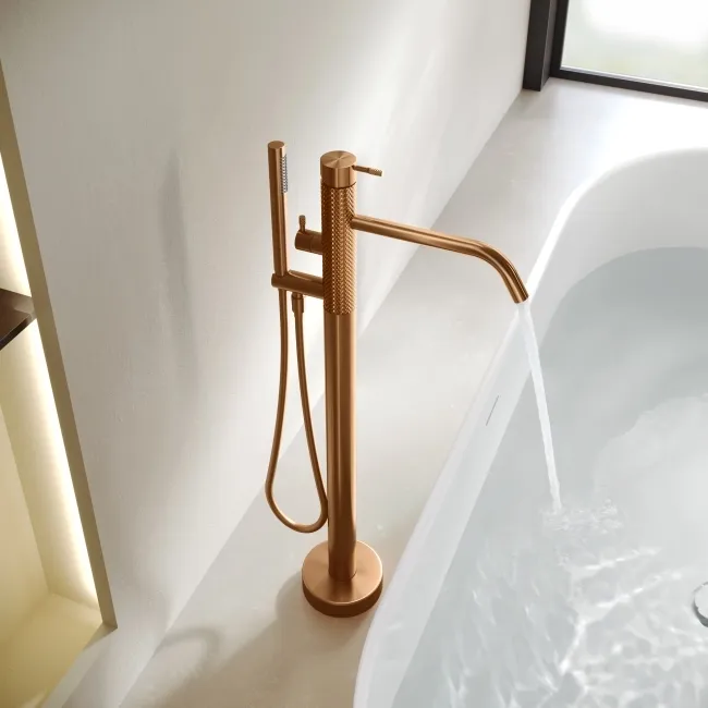 Suir Brushed Copper Freestanding Bath Shower Mixer Tap with Knurled Detailing