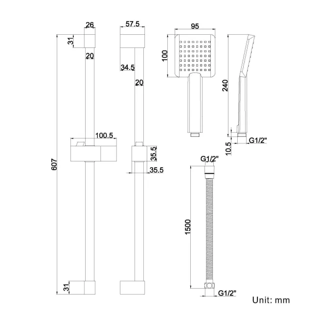 Chrome Square Shower and Sliding Riser Set