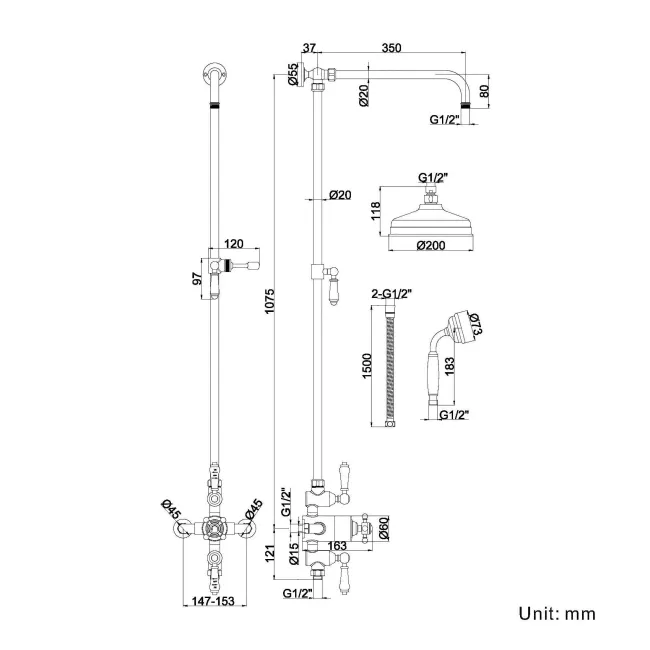 Shannon Brushed Brass Traditional Thermostatic Shower Set with Hand Shower