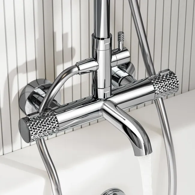 Suir Premium Round Chrome Thermostatic Bath Filler Shower Set with Knurled Detailing