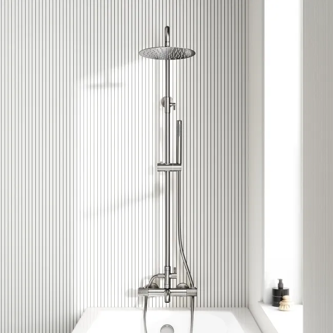 Suir Premium Round Brushed Nickel Thermostatic Bath Filler Shower Set with Knurled Detailing