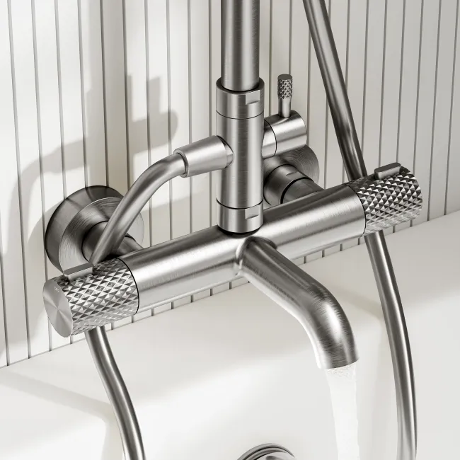 Suir Premium Round Brushed Nickel Thermostatic Bath Filler Shower Set with Knurled Detailing