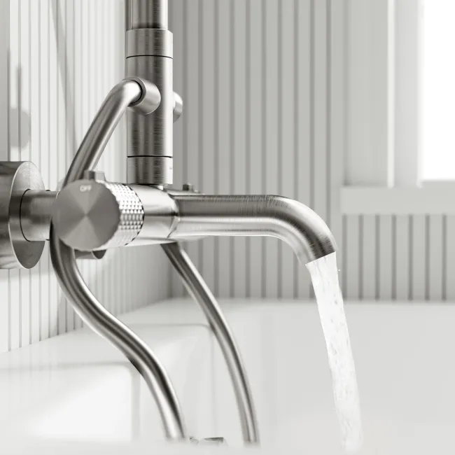 Suir Premium Round Brushed Nickel Thermostatic Bath Filler Shower Set with Knurled Detailing