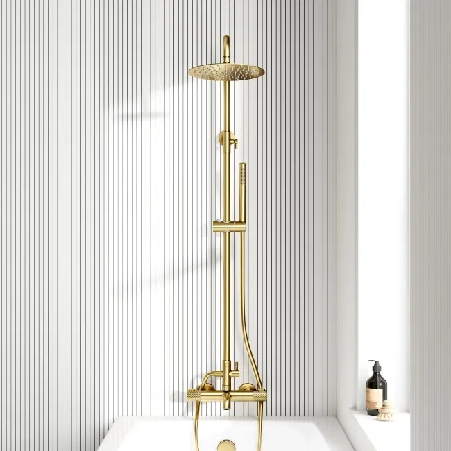 Suir Premium Round Brushed Brass Thermostatic Bath Filler Shower Set with Knurled Detailing