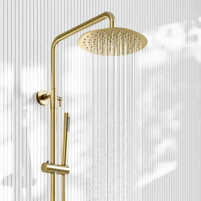 Suir Premium Round Brushed Brass Thermostatic Bath Filler Shower Set with Knurled Detailing