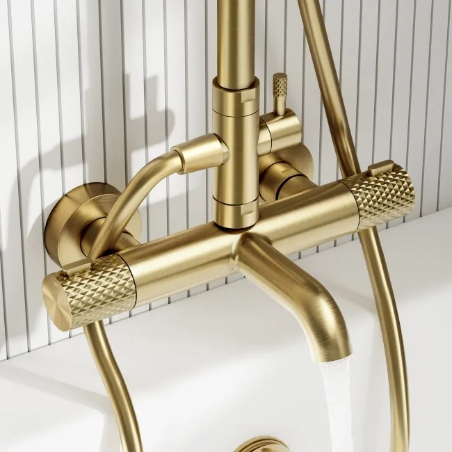 Suir Premium Round Brushed Brass Thermostatic Bath Filler Shower Set with Knurled Detailing