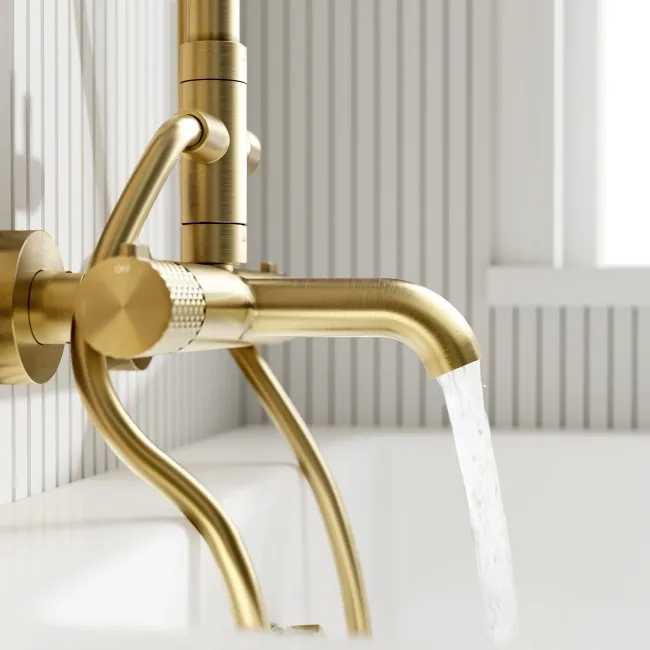 Suir Premium Round Brushed Brass Thermostatic Bath Filler Shower Set with Knurled Detailing