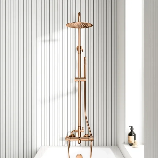 Suir Premium Round Brushed Copper Thermostatic Bath Filler Shower Set with Knurled Detailing