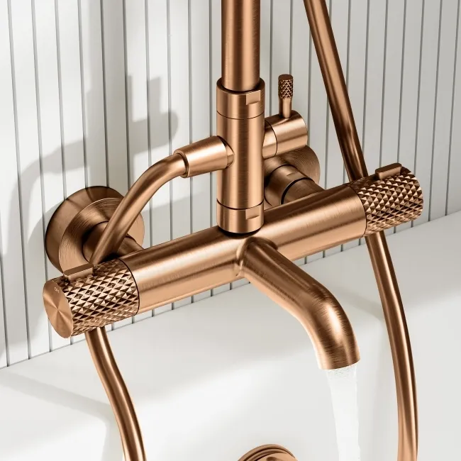 Suir Premium Round Brushed Copper Thermostatic Bath Filler Shower Set with Knurled Detailing