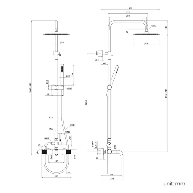 Suir Premium Round Brushed Copper Thermostatic Bath Filler Shower Set with Knurled Detailing
